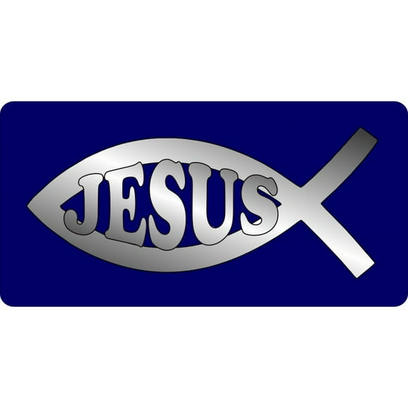 Jesus Fish Chrome On Blue Photo License Plate