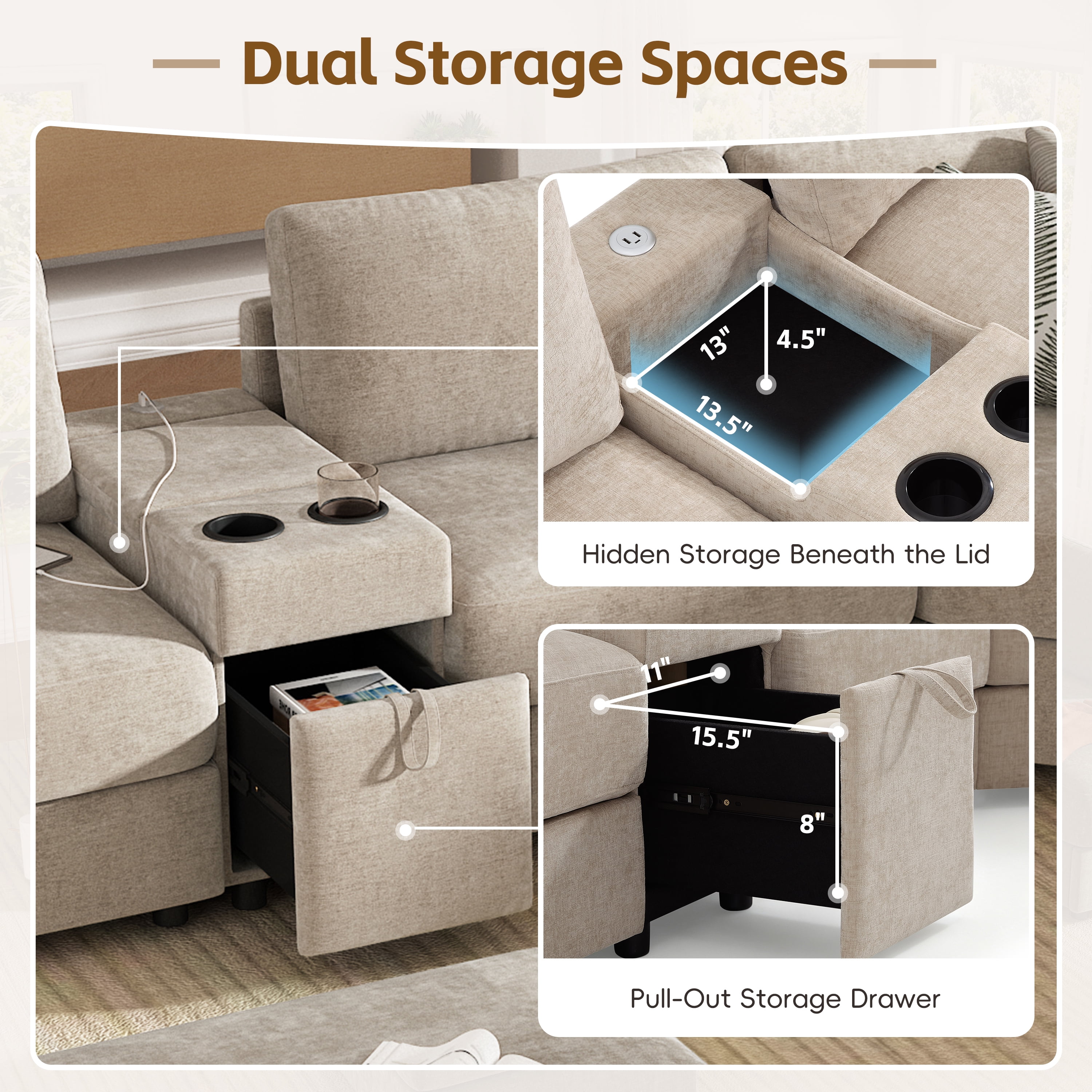 GARITIN 6 Seat U Shaped Modular Sectional Sofa 118 Inch, Oversized Chenille Couch with Ottoman and Storage Console with USB Charging, Beige