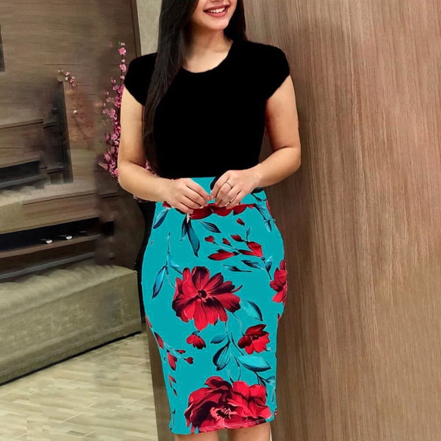 DondPO Robe Sexy Midi Robes Manches Épissées Robe Fleurie Sexy Femmes Courte Col Rond Mode Imprimée Robe d'Été Robe Moulante Robe Verte TG
