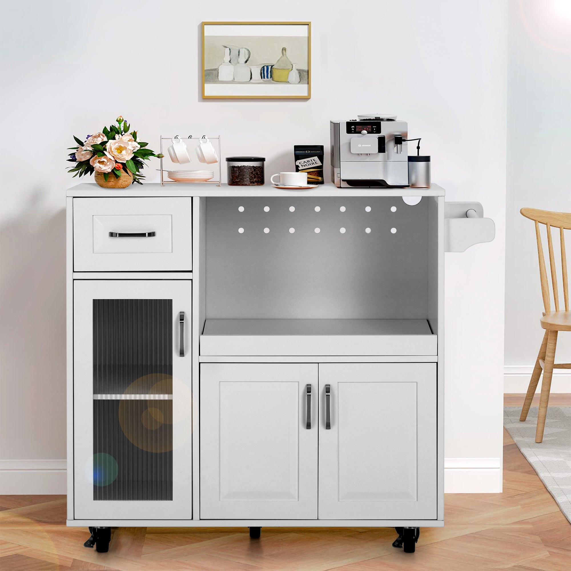 Sophia & William Kitchen Island Cart on Wheels with Extendable Tray, Adjustable Shelf and Glass Door-White