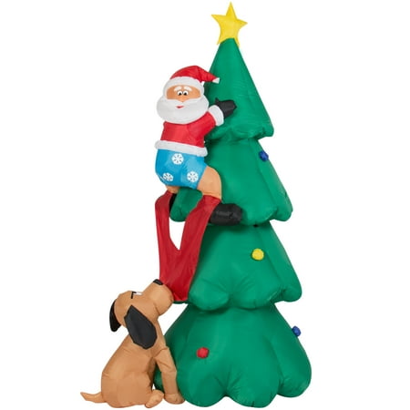 Outdoor Christmas Inflatable (Best Choice Products 6ft Pre-Lit Indoor Outdoor Inflatable Climbing Santa Claus Christmas Holiday Seasonal Decoration w/ Christmas Tree, Family Dog, Lights, Ground Stakes -)