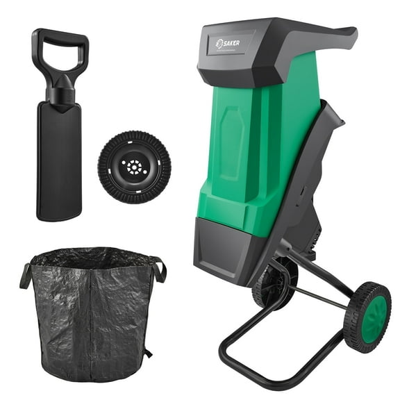 Saker 15-Amp Electric Wood Chipper, Wood Shredder & Leaf Mulcher with 1.54“ Cutting Diameter, Includes Collection Bag for Mulch & Yard Waste Cleanup