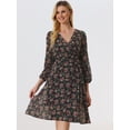 thumbnail image 3 of Vestido cruzado de gasa fluido informal de manga larga con cuello en V floral boho para mujer Negro XS, 3 of 5
