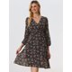 thumbnail image 3 of Vestido cruzado de gasa fluido informal de manga larga con cuello en V floral boho para mujer Negro XS, 3 of 5