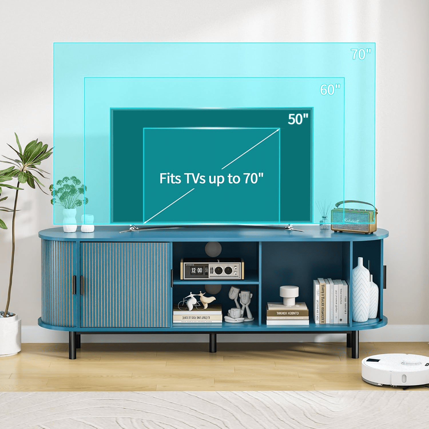 LEFHDA 62" TV Stand, Storage Cabinet and Entertainment Center with Tambour Door, Mid Century Modern TV Stand for Living Room, Modern TV Console Table for 65/70 Inch TV (Blue)