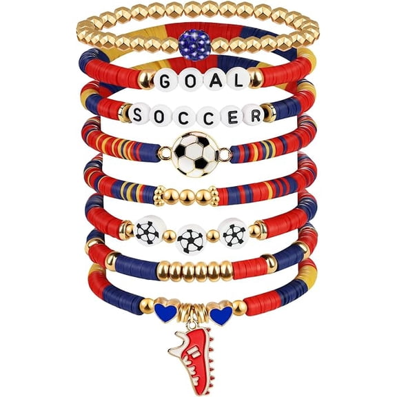 8Pcs Game Day Soccer Beaded Bracelets Stackable Jewelry Soccer Fan Friendship Bracelet Set for Sports Game Teams Coach Mom Women Men Jewelry Accessories Gifts