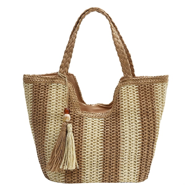 Bolso Hombro Verano Mano Playa Paja A Rayas Con Borla para Mujer
