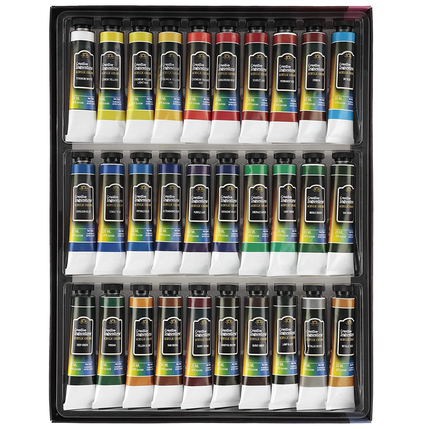 Kaleidoscope 30 Pack Matte Acrylic Paint Set - Multi Surface Paint for Finger Nails, Canvas, Rock, Fabric, Paper, Clay, Metals, and Wood - Pre Mixed Assorted Colors in 20ml Tubes - 2 Pack