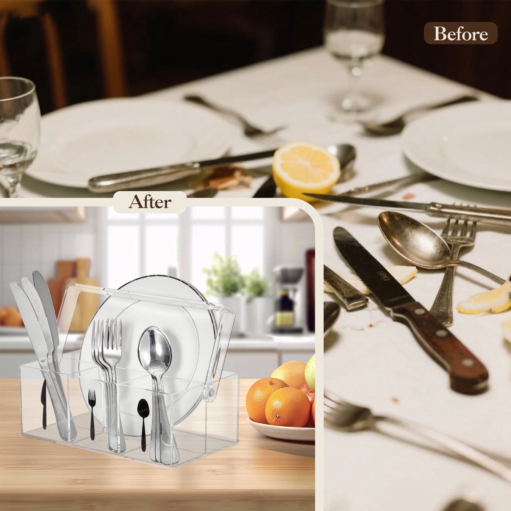 Clear Acrylic Utensil Organizer with Handle, 4 Compartments Cutlery Holder for Forks, Spoons, Knives, Cups & Napkins, Portable Kitchen & Party Caddy, 9.45 x 3.54 x 5.31 inch