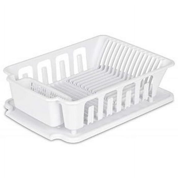 Sterilite Heavy Duty Sturdy Hard Plastic 2 Pc Sink Set With Dish Rack Large With Drainer & Drainboard,Snap Lock Tabs,Cup Holders for Home Kitchen Counter Top Organize Store-White
