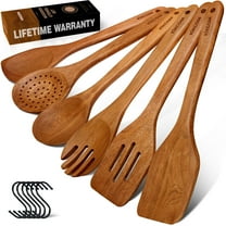 Kikcoin Wooden Cooking Utensil Set, 12 Pcs Acacia Wood Spoons for Cooking, Kitchen Utensils Set for Nonstick Pots, 6 Hooks Included, Heat Resistant