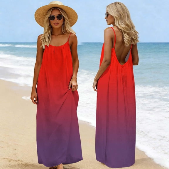 Xdegoge Beach Dresses for Women Loose Fit Sleeveless Spaghetti Straps Long Dress Ombre Color Open Back Sun Dresses Summer Cruise Vacation