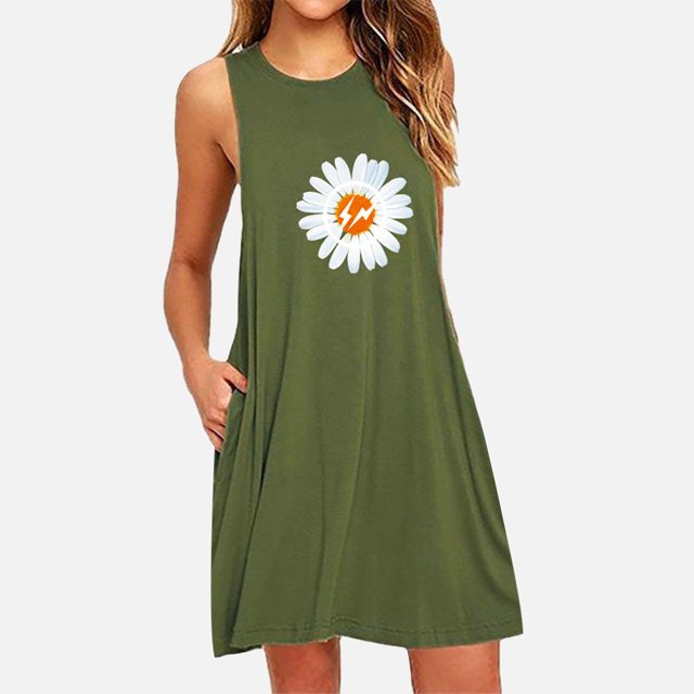 SMihono Robe d'Été pour Femmes Grande Taille Mode Femmes Poche Marguerite Imprimée Sans Manches Ligne A Décontractée Robe de Nuit Robes