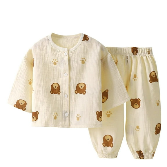 Qingpeng Kids Boys Girls Soft Cotton Pajama Set Long Sleeve Button Down Top Pants