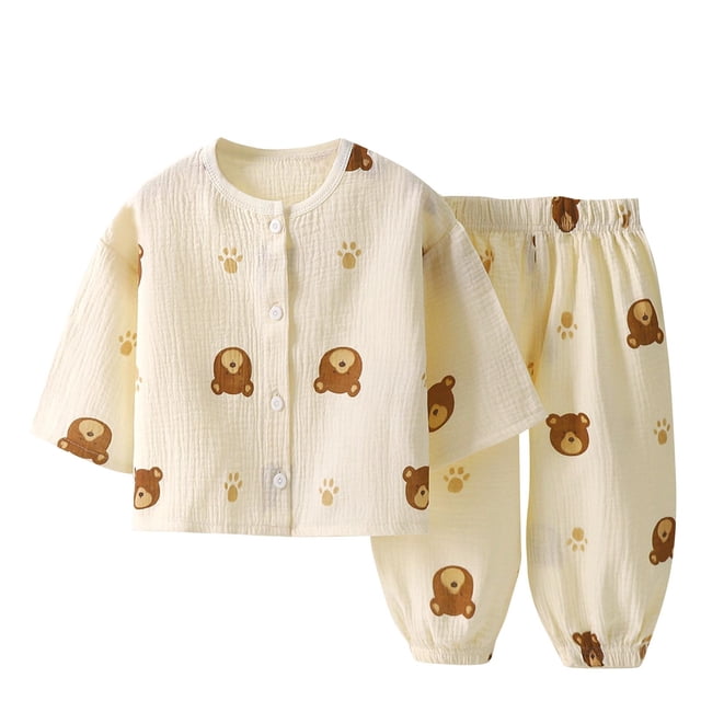 Odeerbi 1-8 Años Niños Niñas Pijamas de Verano de Algodón de Manga Larga Pantalones Suaves Estampados Pijama de Doble Capa de Gasa