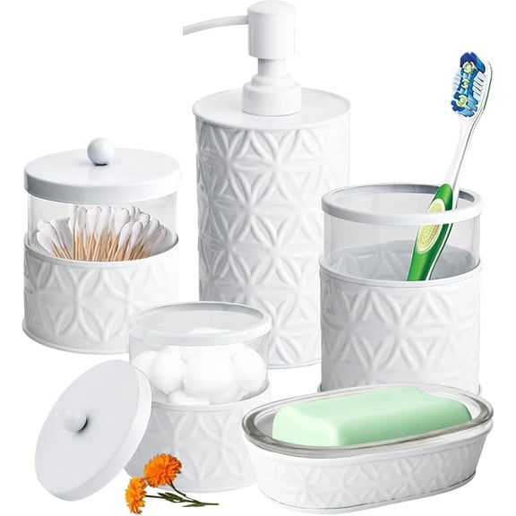 5-Piece White Bathroom Accessory Set Soap Dispenser & Dish, Toothbrush Holder, 2 Storage qtip Jars