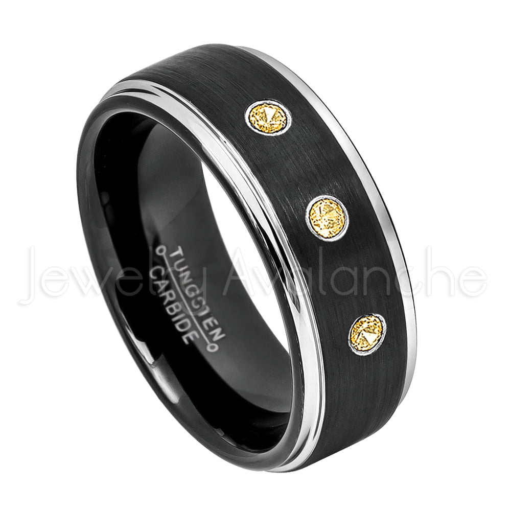 November Birthstone Ring Comfort Fit Tungsten Carbide Ring Tungsten Wedding Ring 0.21ctw Citrine & Diamond 3-Stone Anniversary Band 8mm Sandblasted Black Tungsten Ring