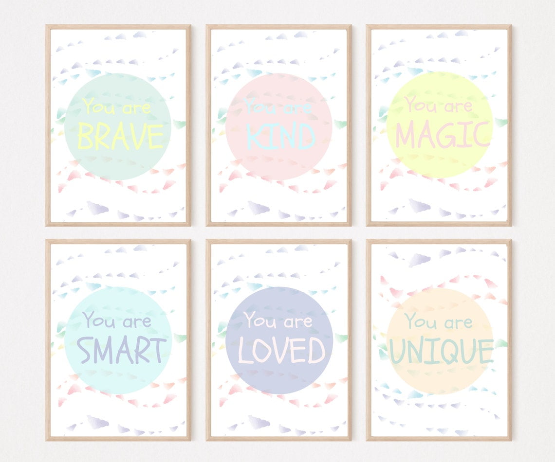 Set Of 6 Positive Affirmations Kids Wall Art Above Bed Decor Rainbow