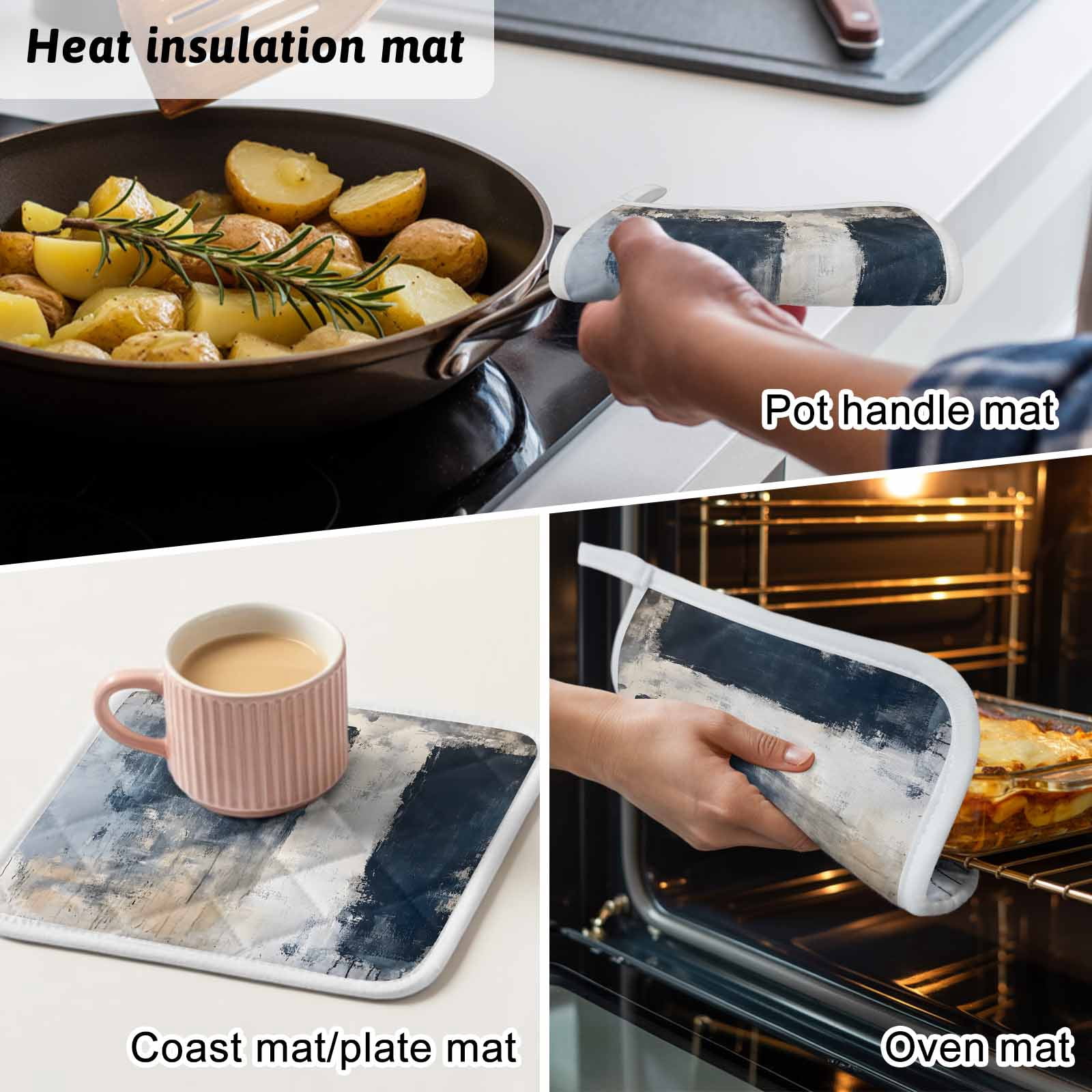 Navy Blue Grey Pot Holders for Kitchen Heatproof Potholder, 3 Pack Modern Abstract Art Rustic Hot Pads Multipurpose Oven Pads Cloth Potholders Trivet for Cooking Baking
