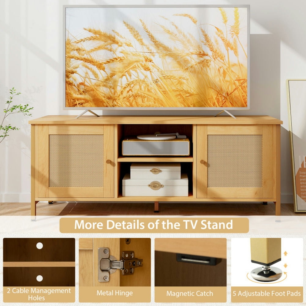 Finihen TV Stand, Entertainment Center, Boho TV Stand for TV up to 55 Inches with Faux Rattan Door, for Living Room, Natural