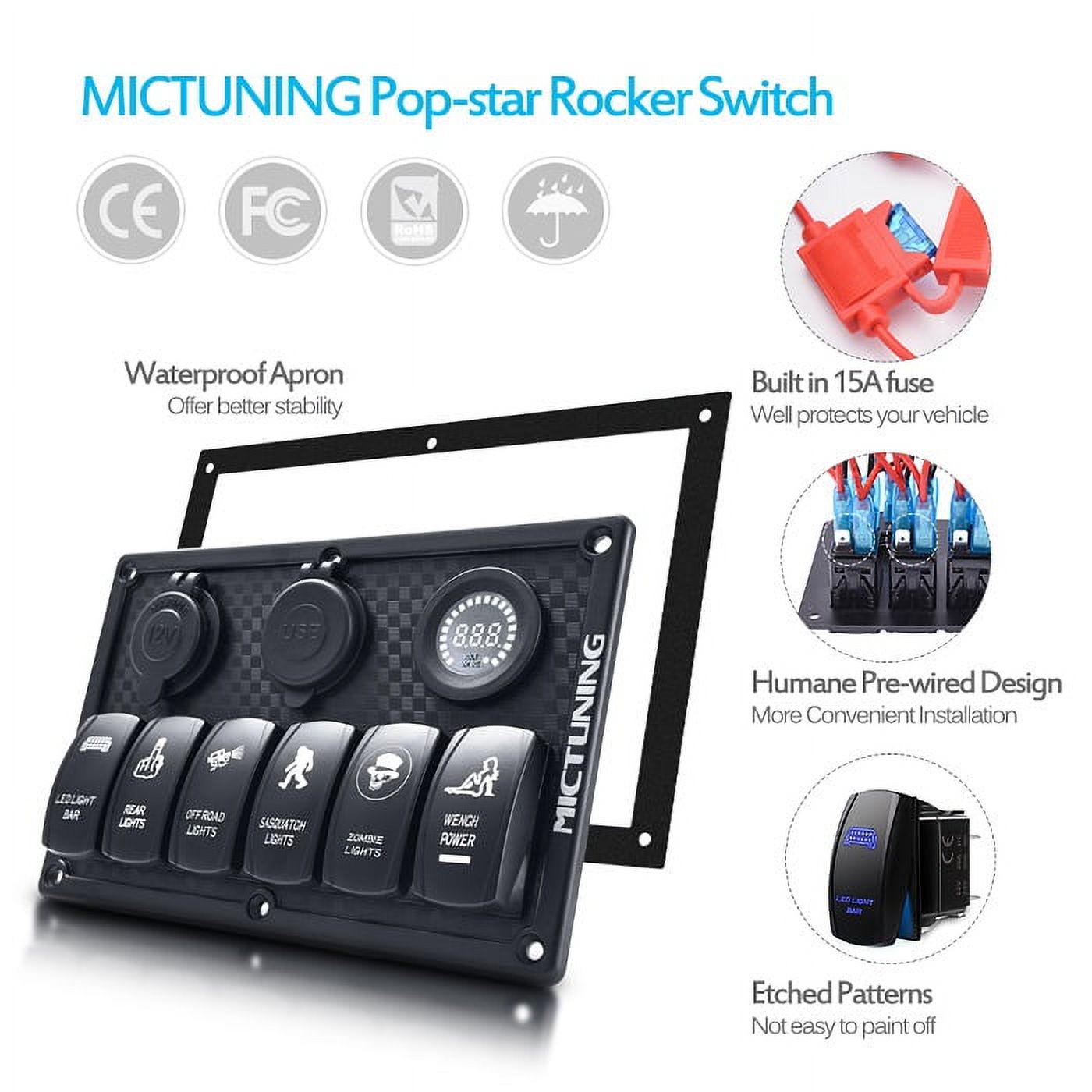 MICTUNING 6 Gang ON/OFF Rocker Switch Panel + Dual USB + Digital Voltmeter + Cigarette Lighter Socket Blue LED for Car Truck Marine Boat
