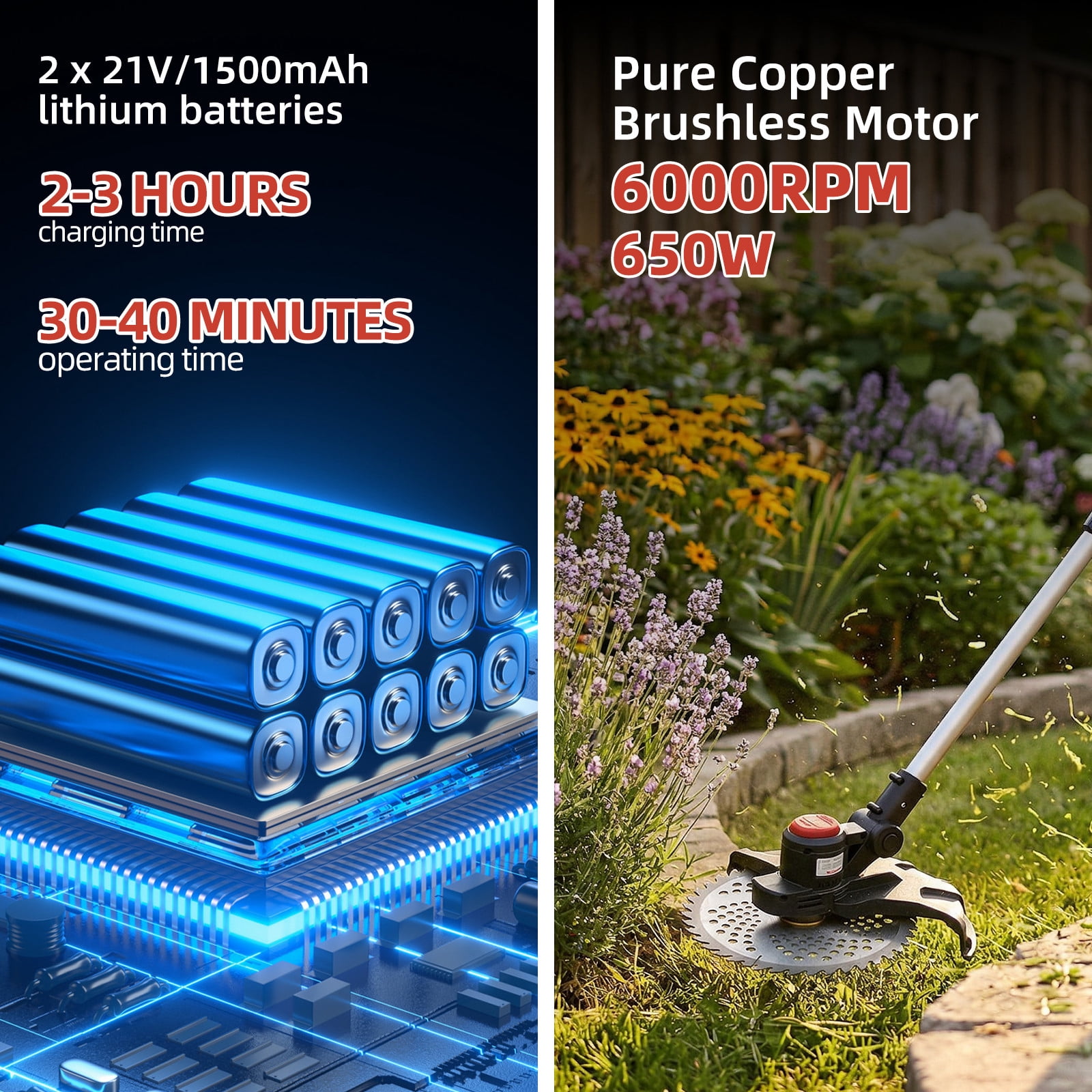 Paddsun Weed Eaters, 21V 650W Cordless Electric Weed Wacker 9-Inch Blades Brushless Grass Trimmer & Edger with 2 Battery String Trimmer for Yard