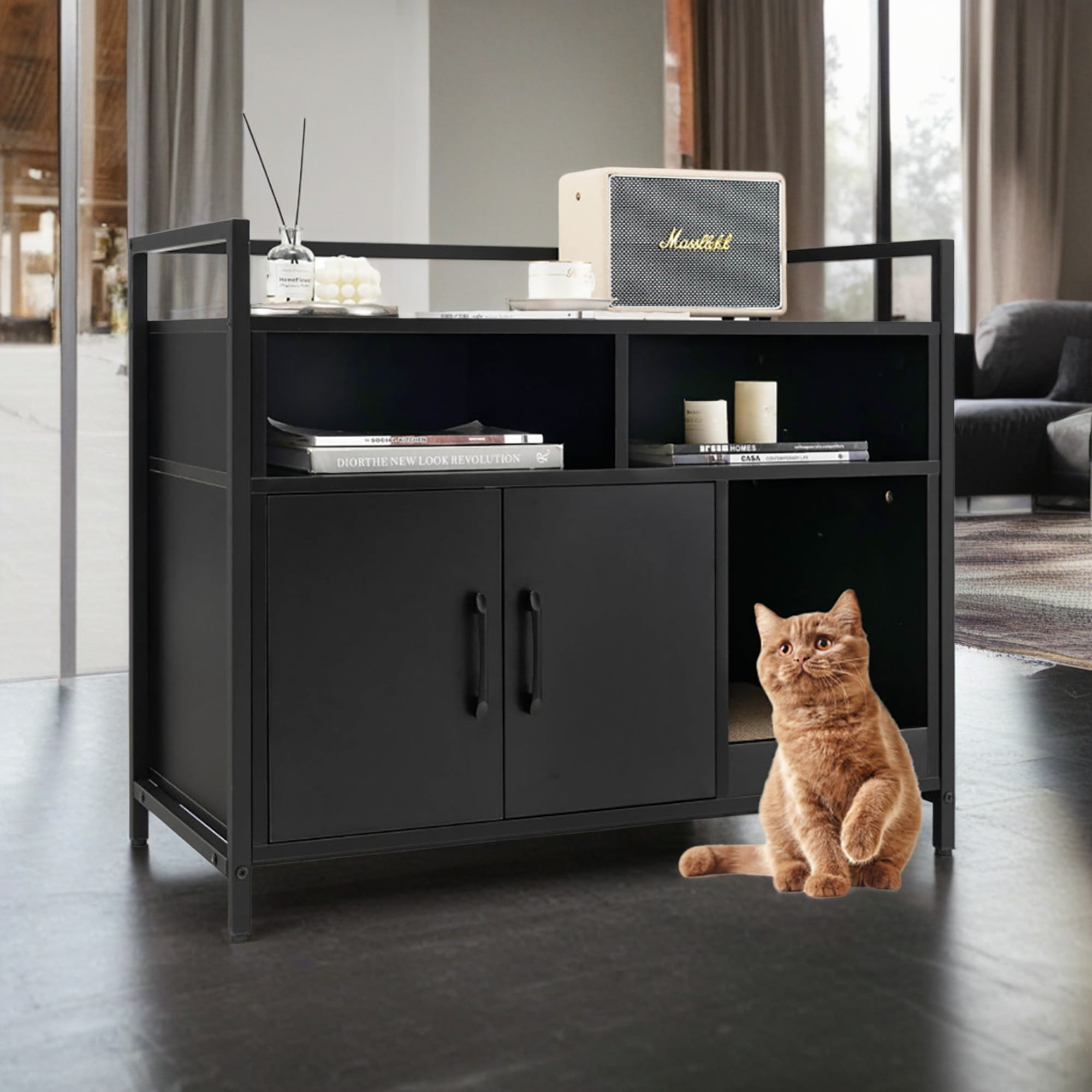 Kadyn 35" Hidden Cat House Washroom with 2-Doors and Scratch Cardboard, Wooden Cat Litter Box Enclosure Furniture, Black