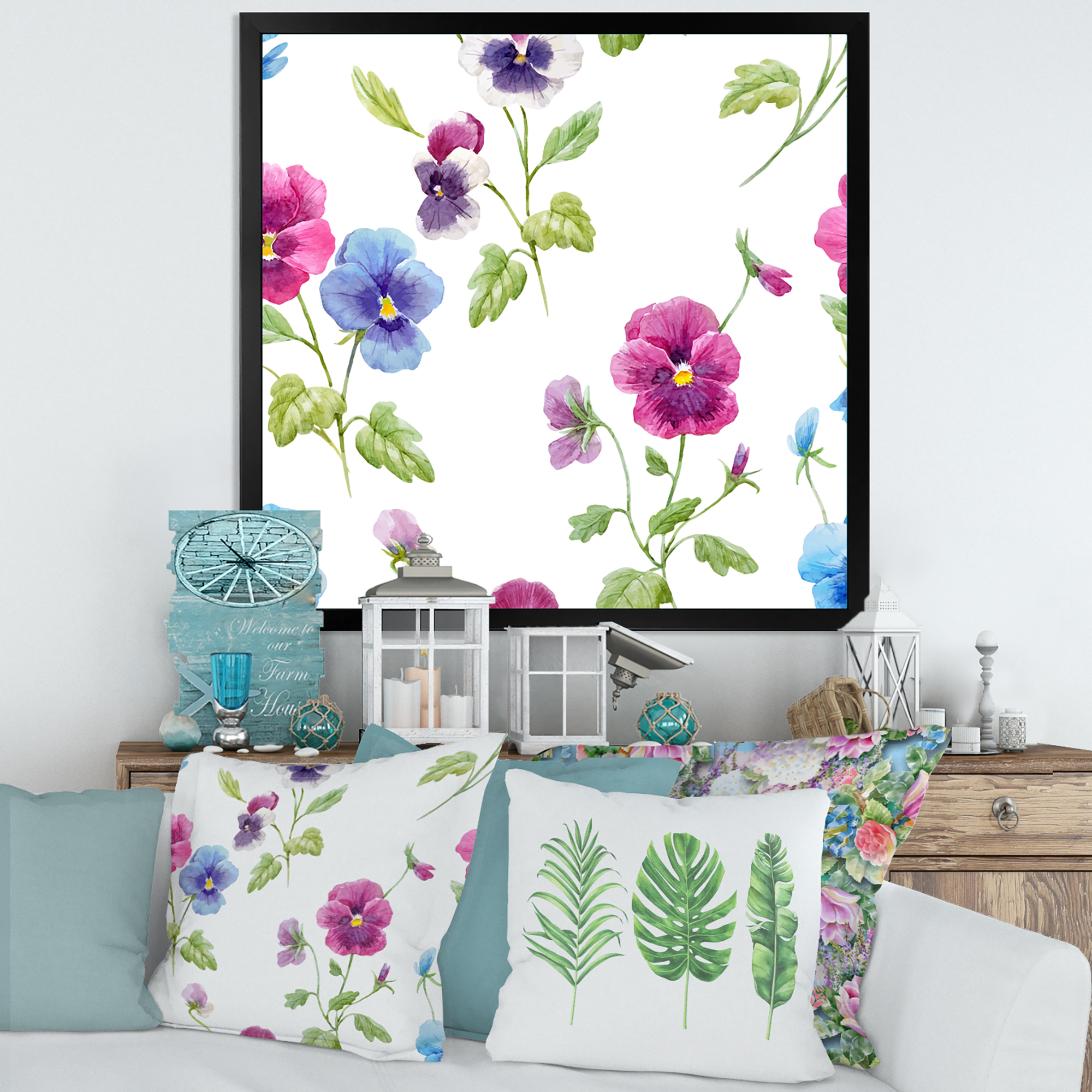 Designart 'Blue and Pink Pansy Flowers II' Traditional Framed Art Print
