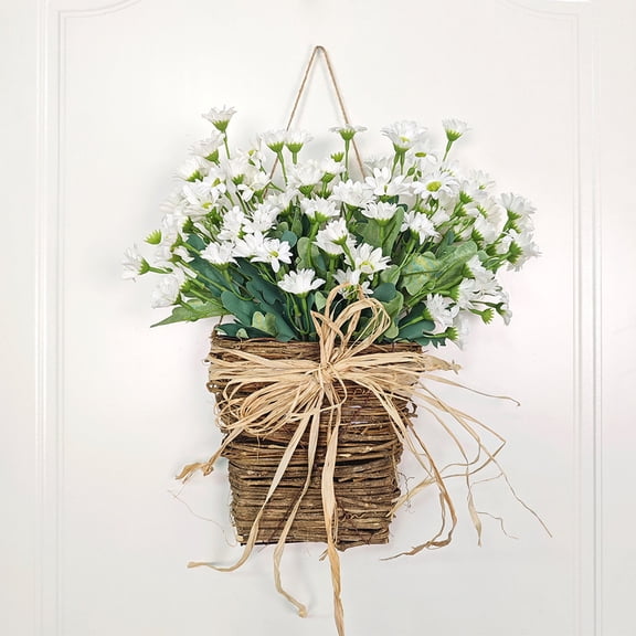 Artificial Daisy Flowers Door Hanger Basket Wreath, 14" Wildflowers Hanging Basket, Front Door Beautiful Artificial Spring and Summer Welcome Sign, Home Porch Farmhouse Decor