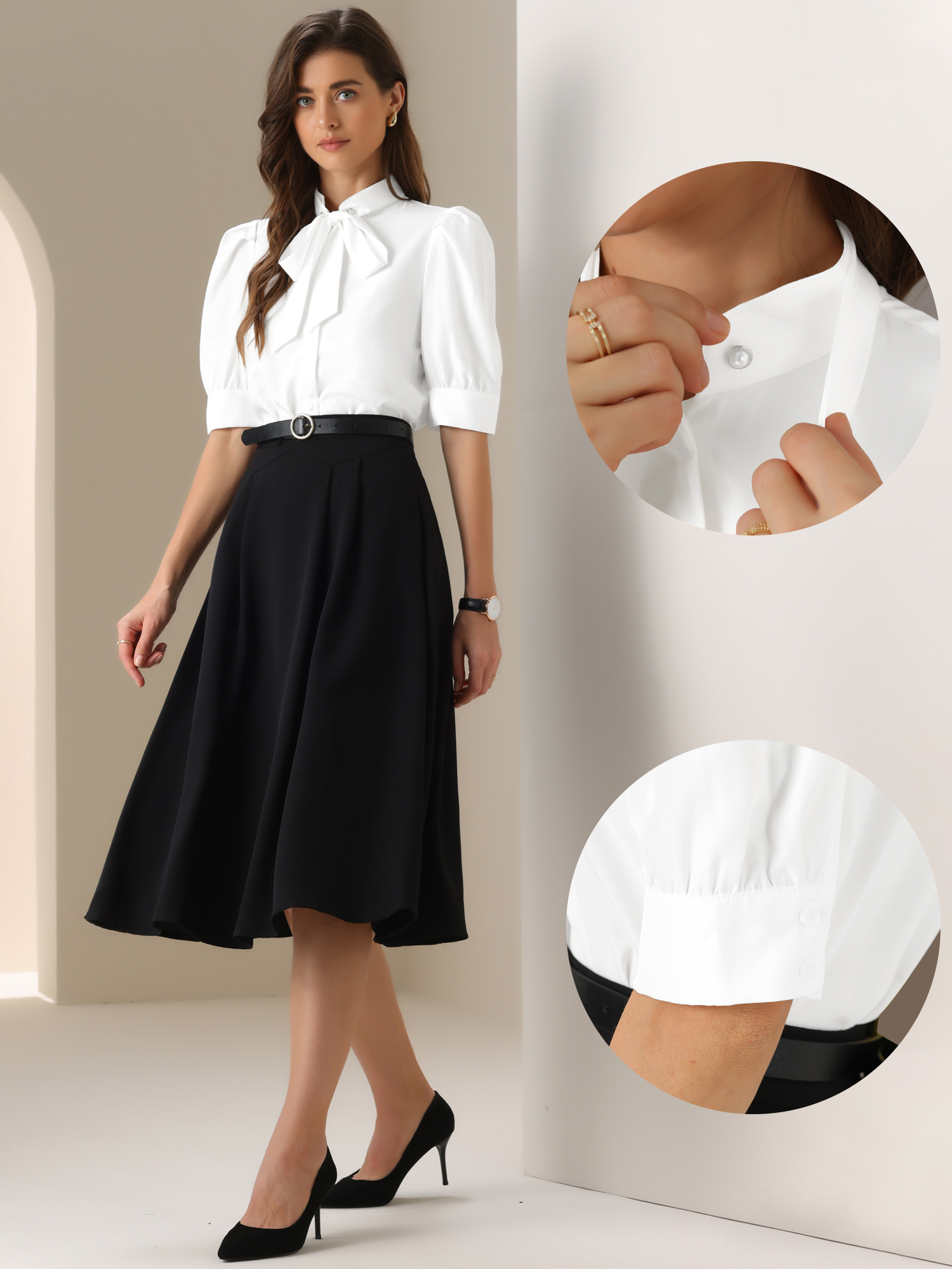 DARING DIVA Tops Tie Neck Button Down Short Sleeve Blouse M White