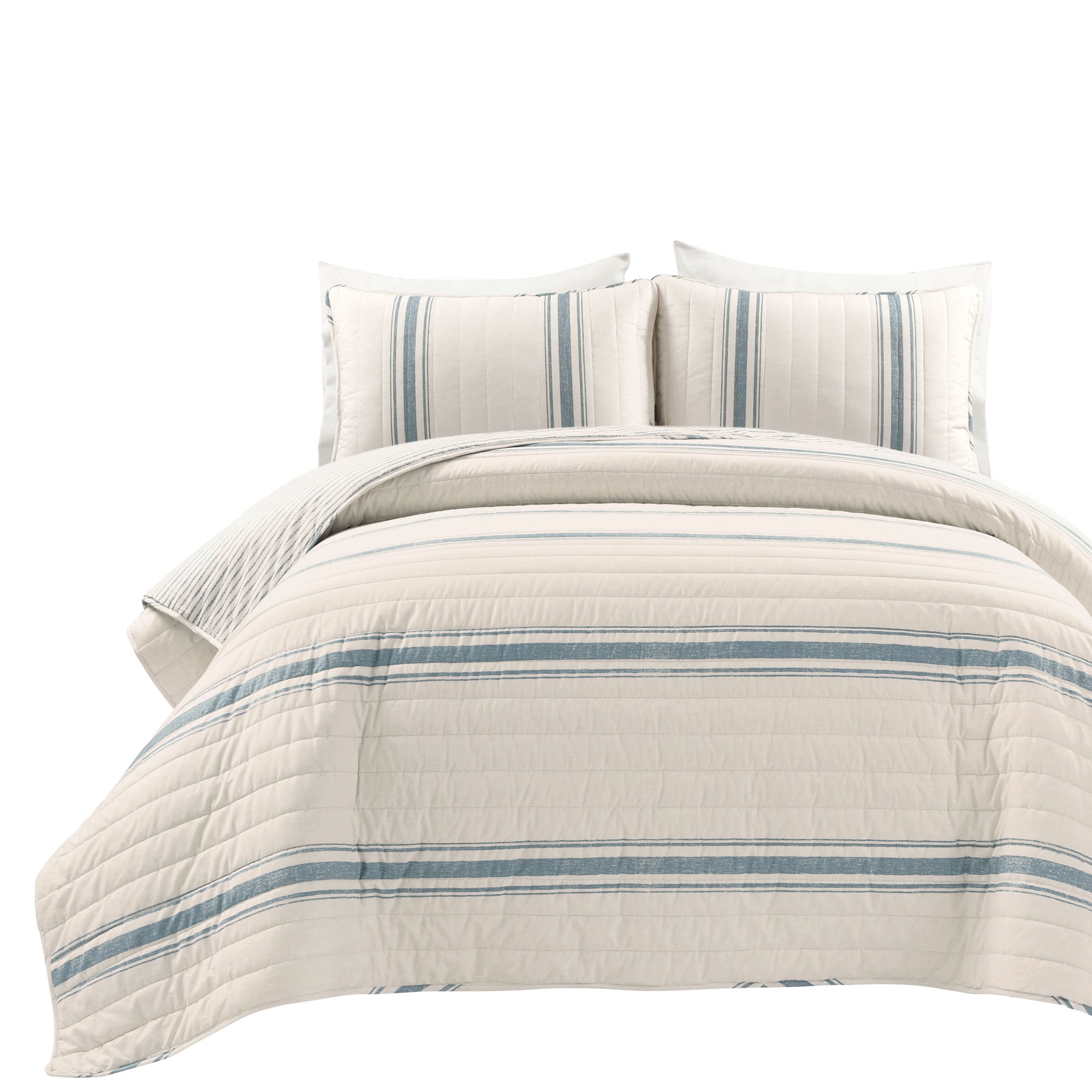Lush Decor Farmhouse 460 Thread Count Striped 3 Piece Quilt Sets, Full/Queen With Quilt, Pillow Shams
