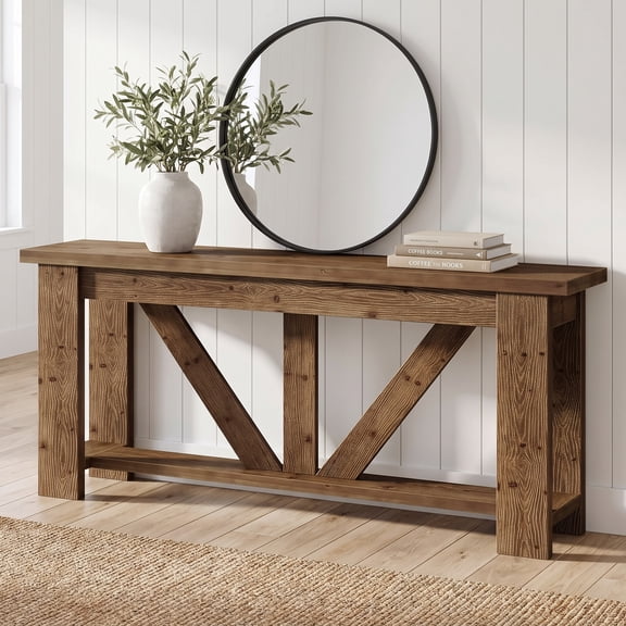 Fnova 70.9" Solid Wood Farmhouse Console Table, 2-Tier Extra Long Entryway Table with Storage, Narrow Sofa Table for Living Room, Hallway, Foyer