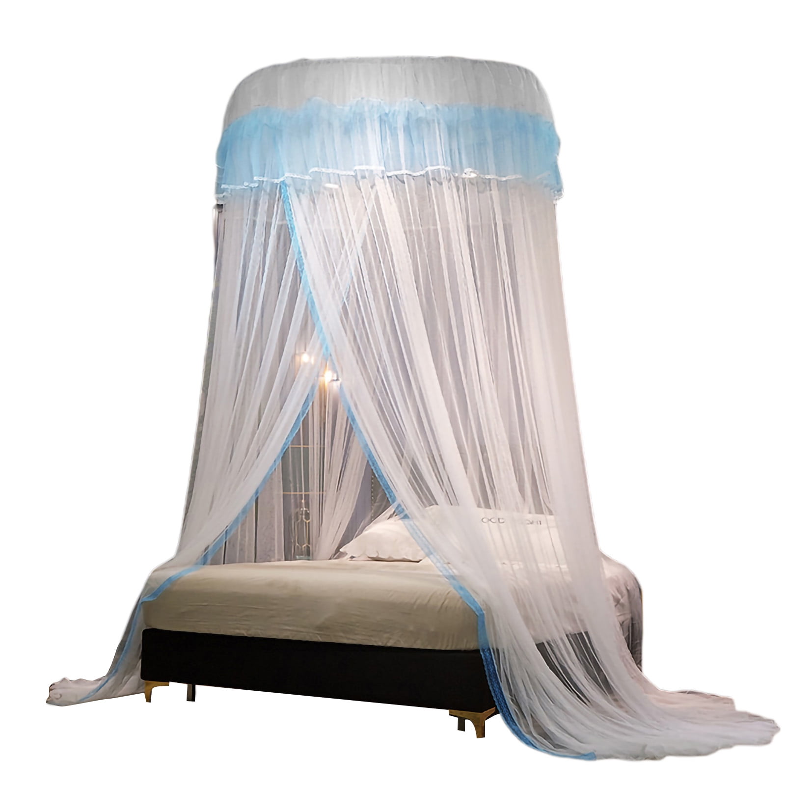 harmtty Hanging Mosquito Net Top Hook Encrypted Mesh Lace Patchwork Mosquito Repellent Round Dome Court Style Crib Canopy Bedroom Decoration,Blue & Grey
