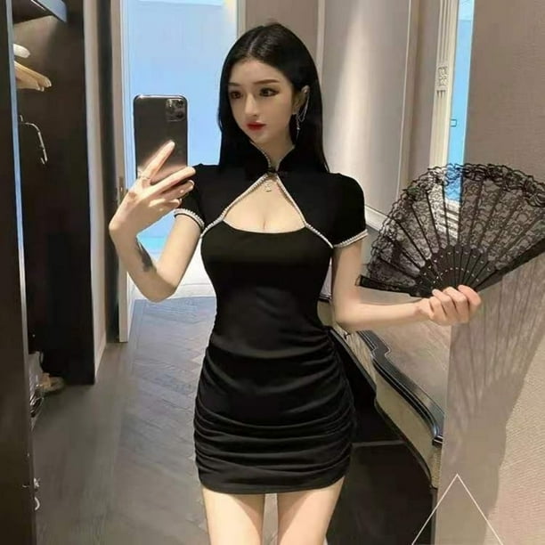 2023 New Vintage Black Bandage Sexy Dress Spice Girls Hollow Out Short Sleeve Dress Women's Sweet Spicy Thin Skirt HalloweenXXL Gao Jinjia LED