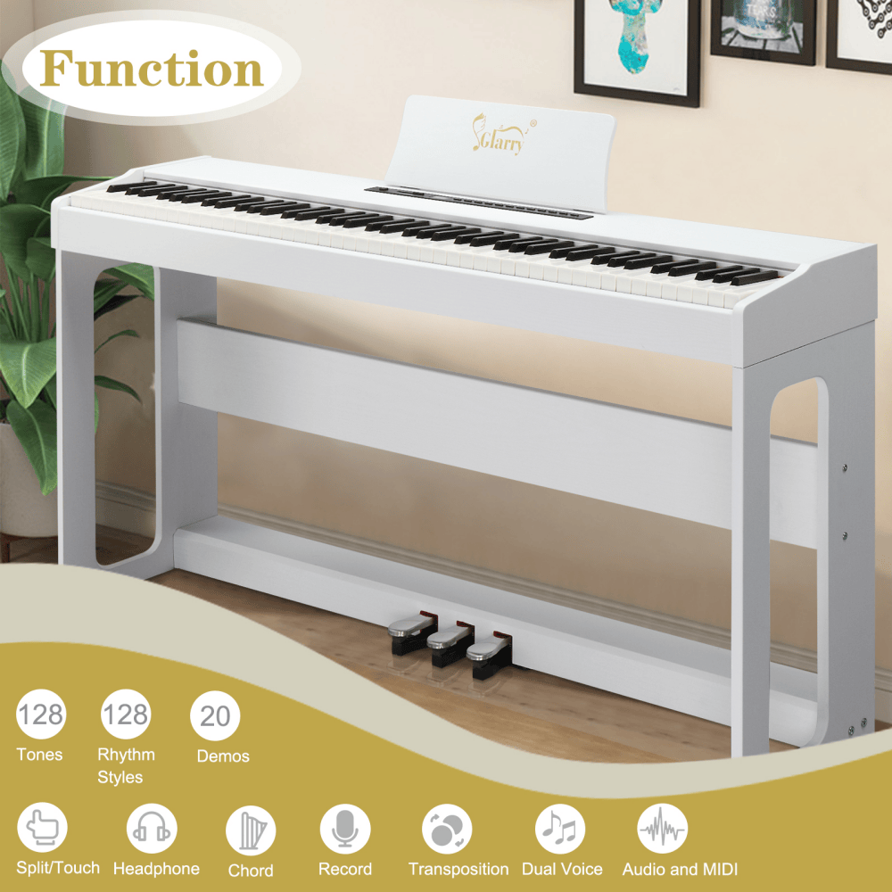 Tcbosik 88 Key Full-Weighted Keyboard with Furniture Stand and Headphone, Portable Piano with Power Adapter and Triple Pedals, White