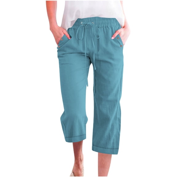 CQONEPT Womens Oversize Capris Cotton Linen Pants Loose Casual Elastic Waist Summer Vacation Pants with Pockets Sky Blue S