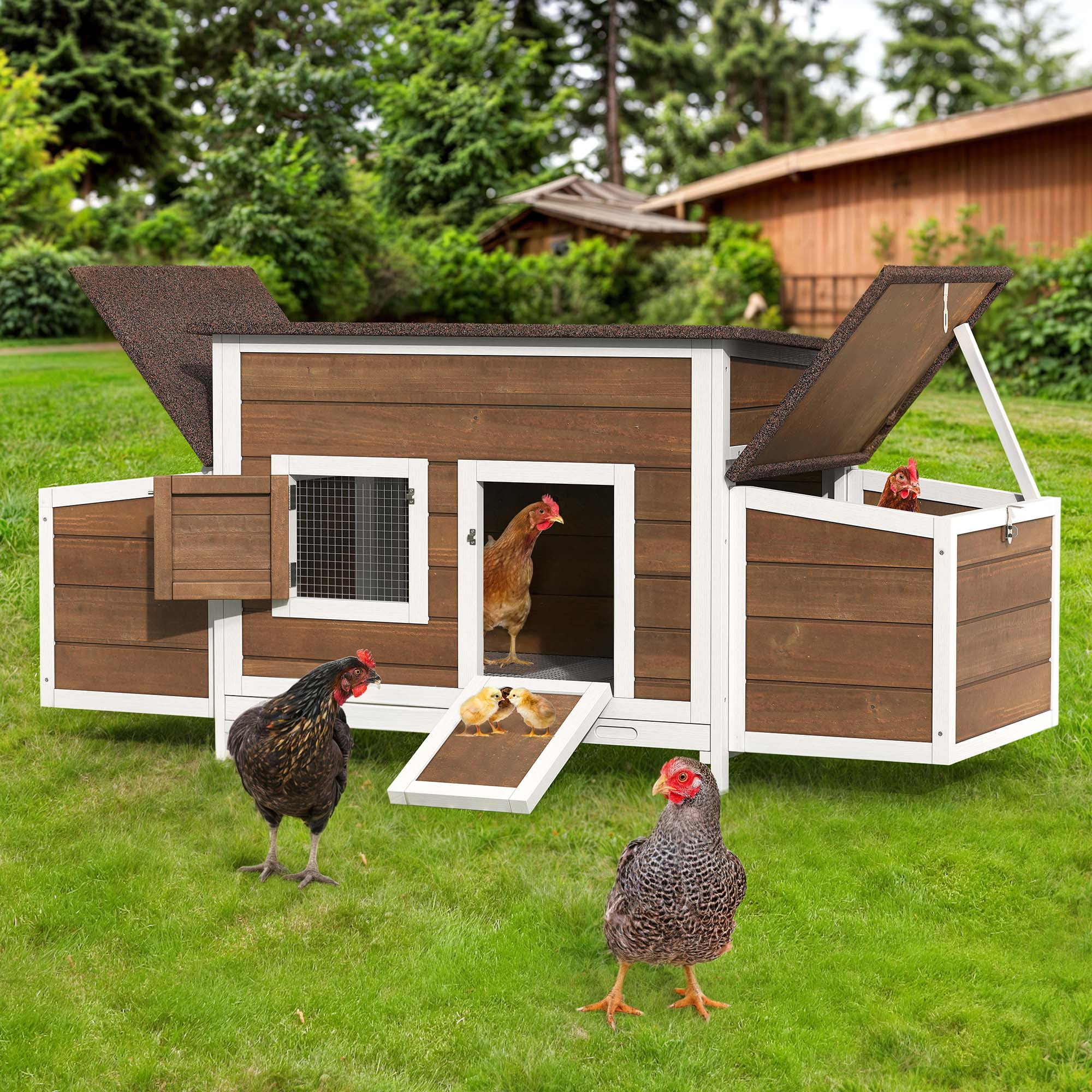 Dextrus Chicken Coop 11.5ft² Large Wooden Chicken Hutch with 2 Nesting Boxes Outdoor Hen House Chicken Cage for Rabbit Hutch Duck Cage - Brown