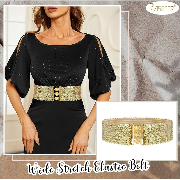 slim fit dress slacks Golden Silvery Glitter Wide Belts Elegant Solid Color Elastic Waistban