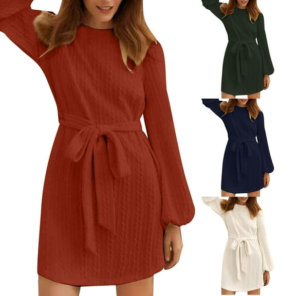 Hinvhai Women's Casual Knitted Sweater Dress ,Classic Long Sleeve Cable Knit Belted Dress Loose Mini Tunic Pullover Sweater Dress for Womens White 2(XS)