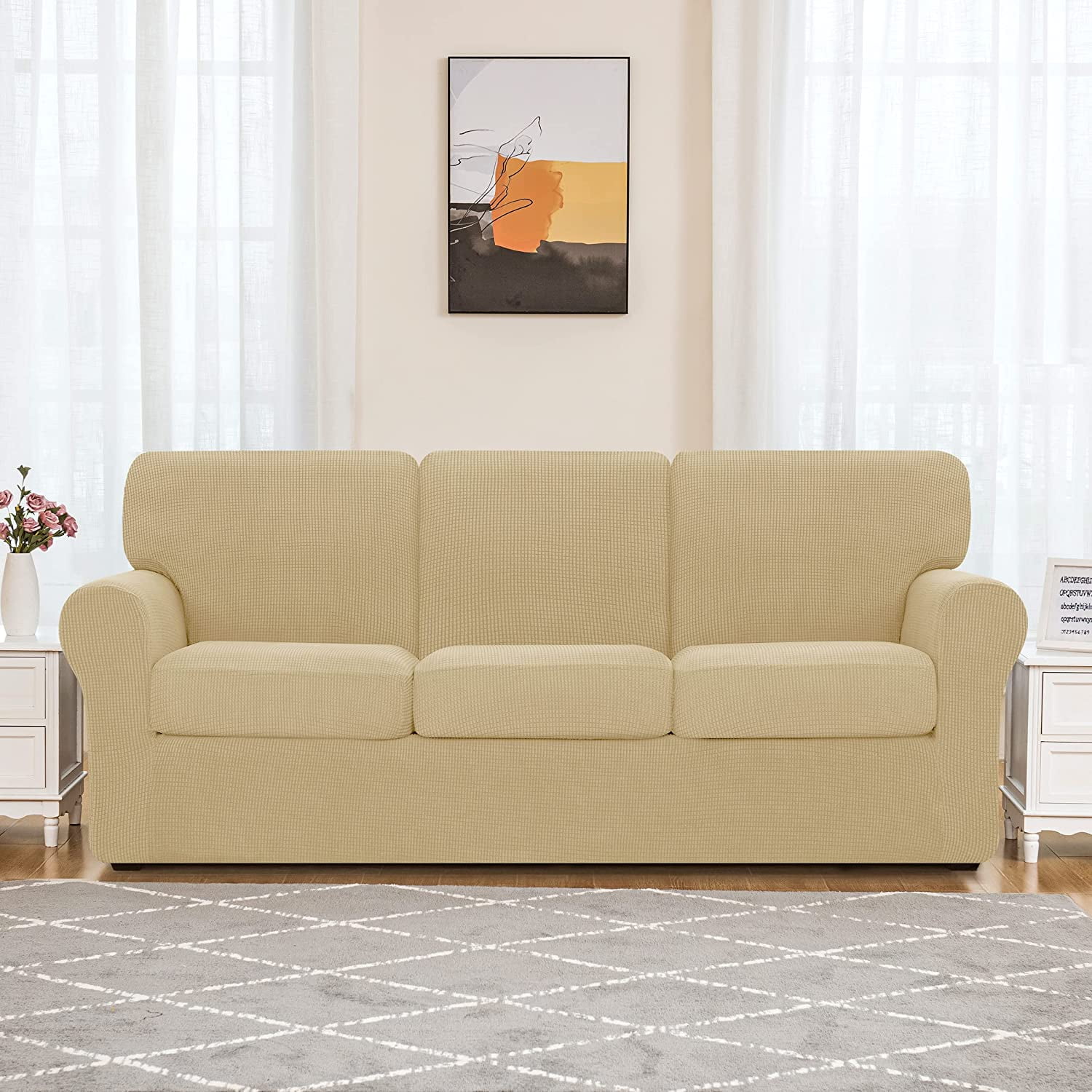 Subrtex Sofa Slipcover Sets 7 Pieces Stretch Couch Cover Backrest Cushion Covers (Sofa, Khaki)