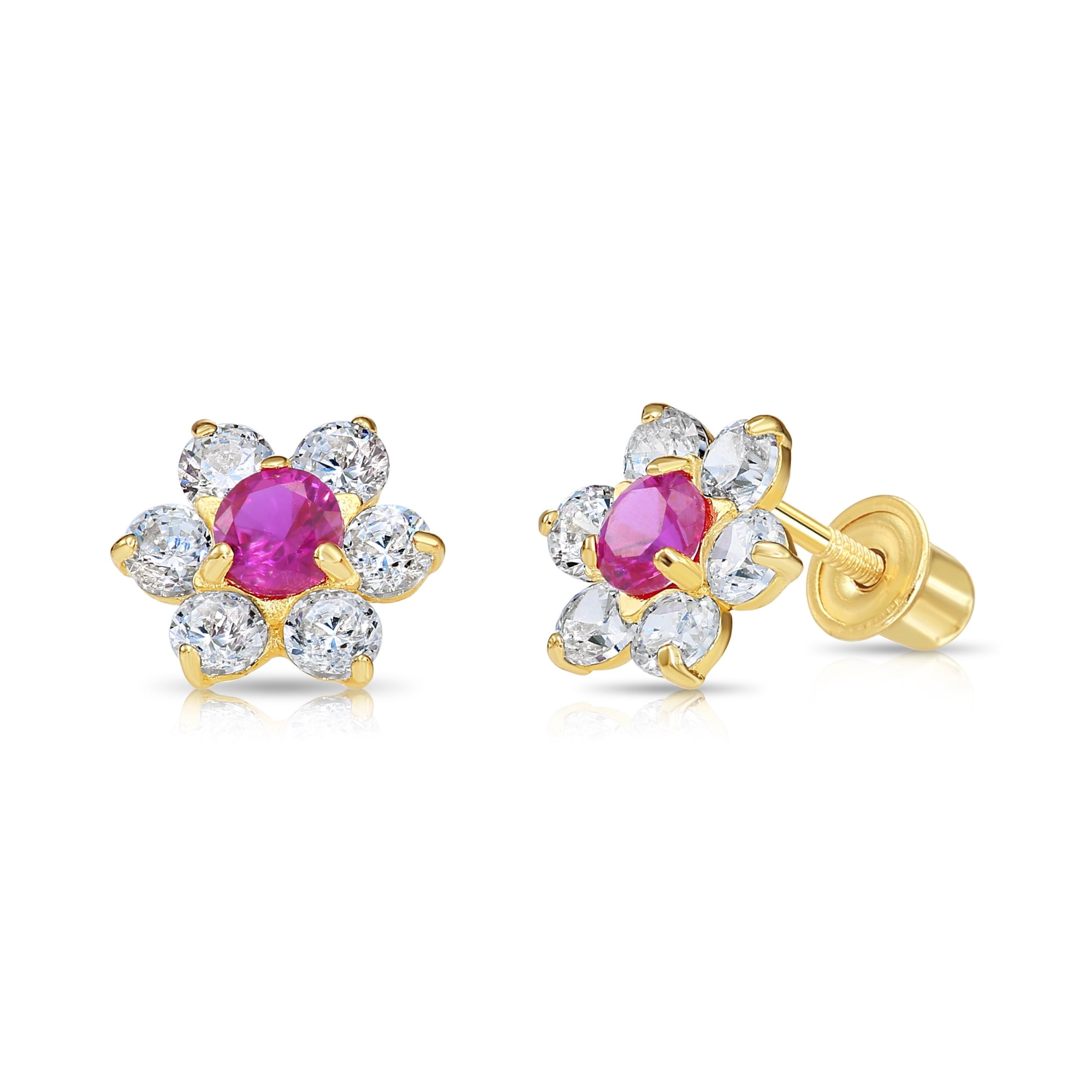 Tilo Jewelry 14K Yellow Gold Flower Stud Post Earrings with Pink CZ Birthstone | Secure Screw-backs | July-Ruby | Women & Unisex
