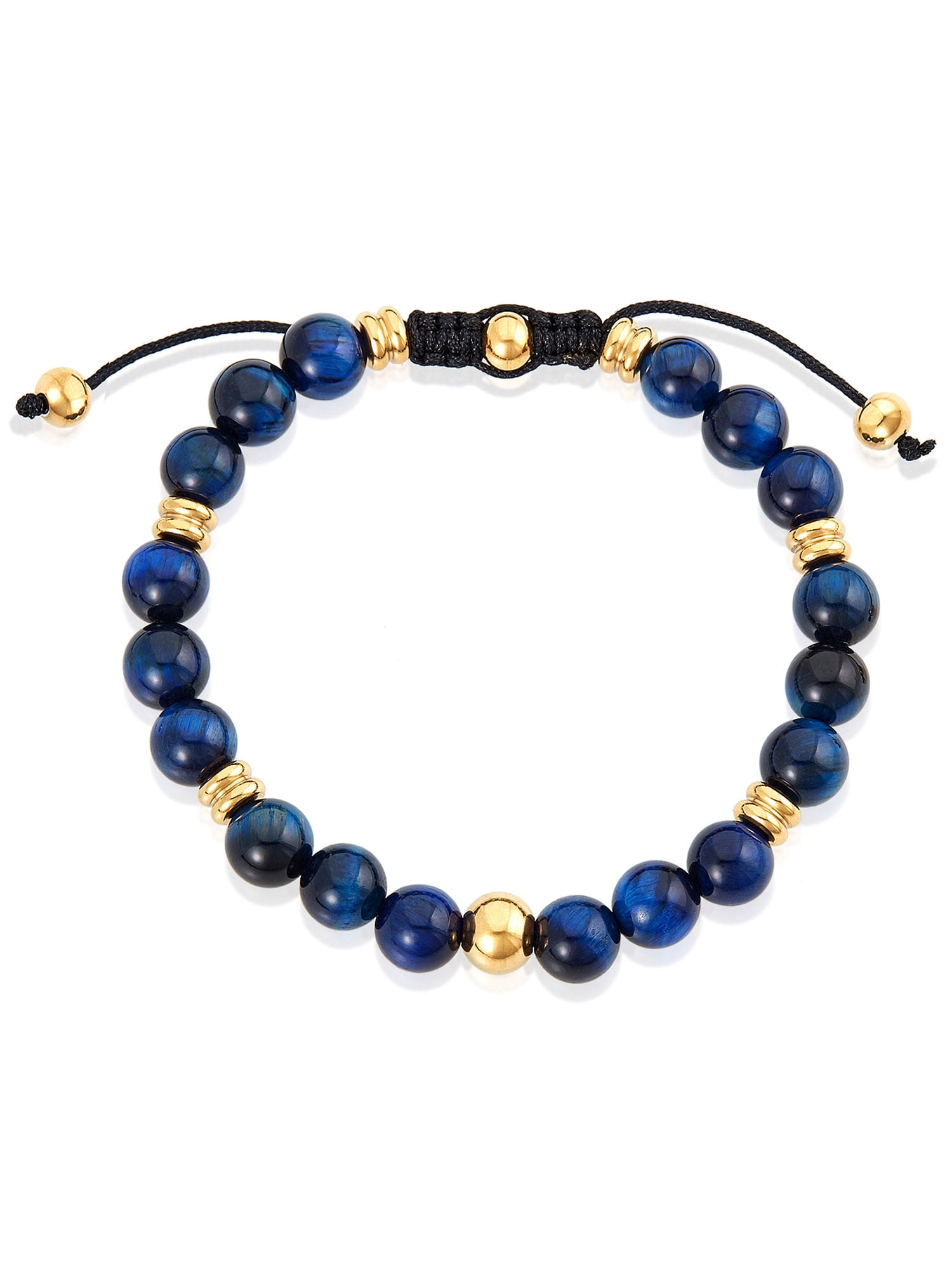 Coastal Jewelry Men's Blue Tiger's Eye Stone and Gold Plated Stainless Steel Beaded Adjustable Bracelet (8mm)