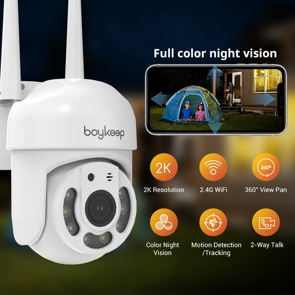 BoyKeep 2K Security Camera Outdoor, 2.4GHz Wi-Fi 360° View Pan/Tilt Wired Camera for Home Security Outside with Phone App, 24/7 Recording, Color Night Vision, Motion Detection, 2-Way Talk, 4PCS