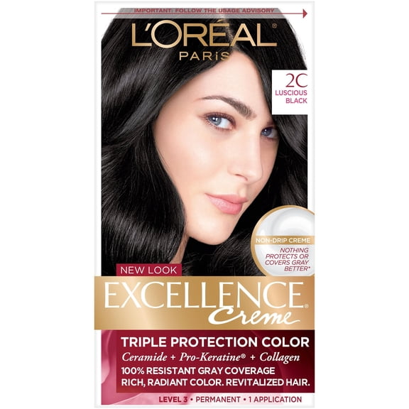 L'Oreal Paris Excellence Creme Permanent Hair Color Kit, 2C Luscious Black