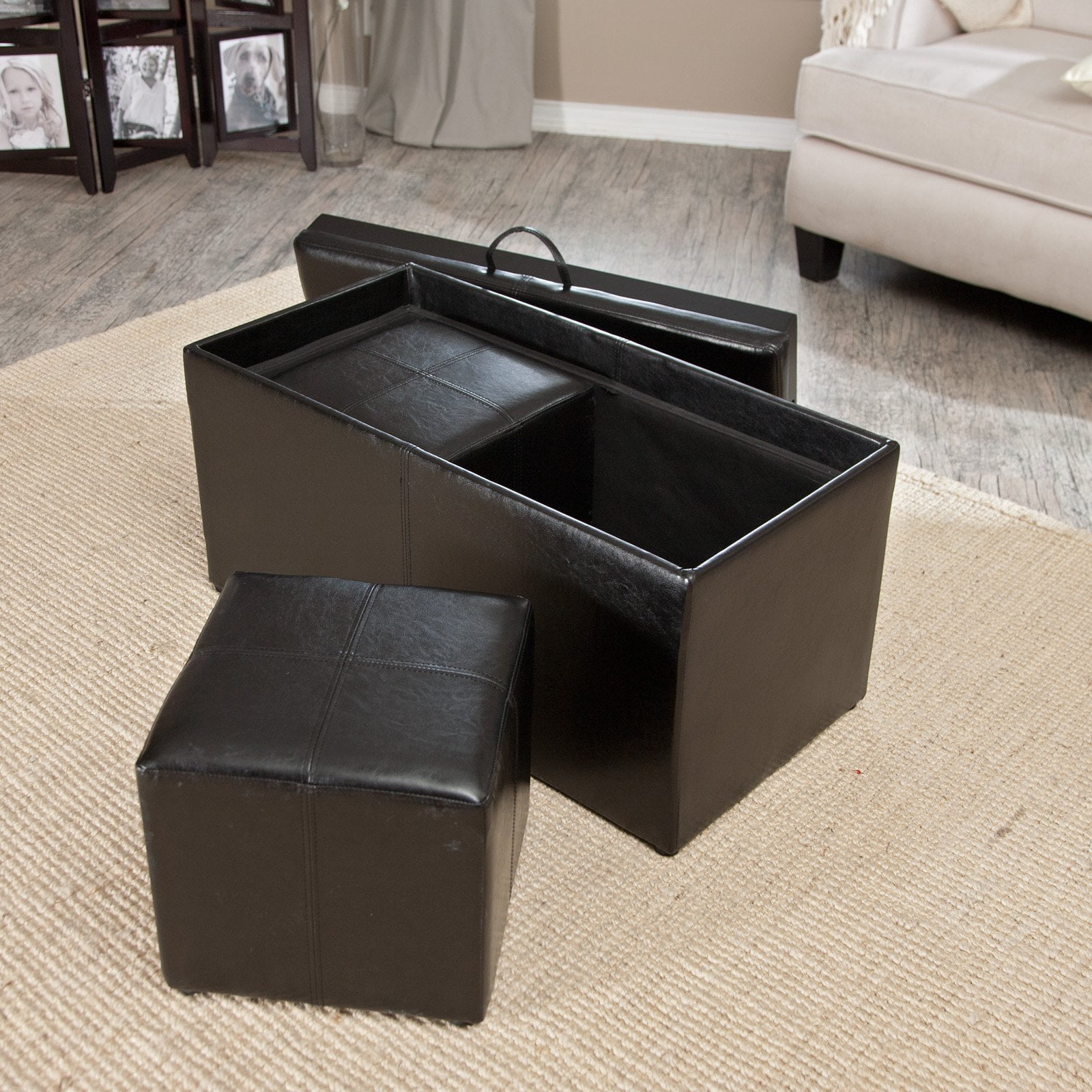 Linon Double Storage Ottoman With Side Pocket Dark Brown