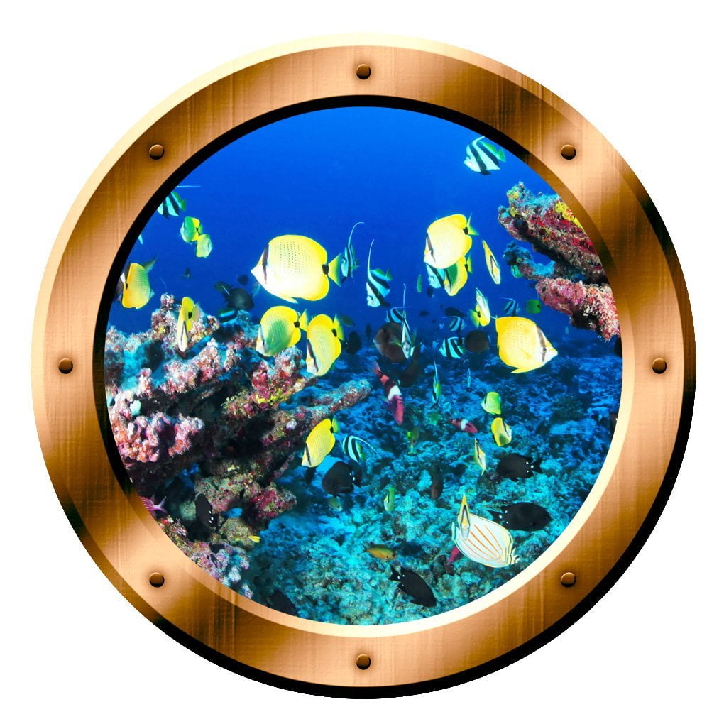 VWAQ Coral Reef Wall Decal School Of Fish Porthole Ocean Wall Sticker