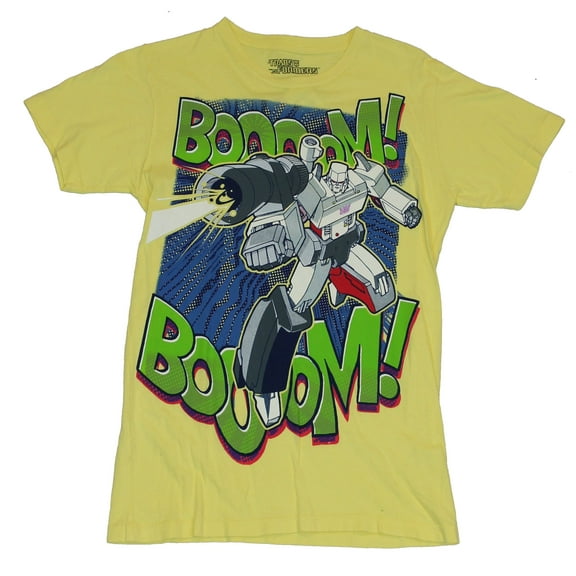 Transformers Mens T-Shirt - Classic Animated Megatron Boom Boom! on Yellow (Small)