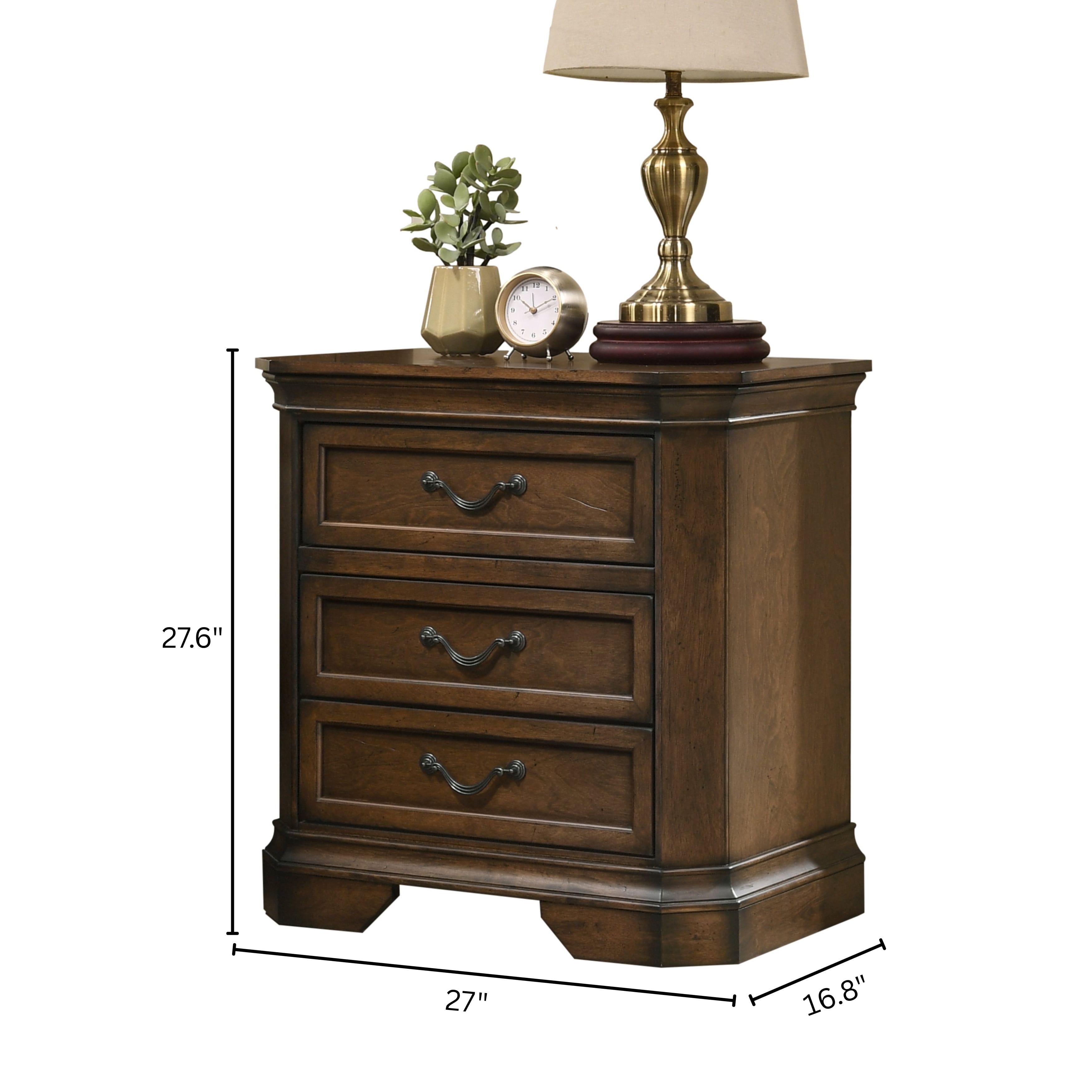 Maderne Traditional Wood 3-Drawer Nightstand, Antique Walnut Finish