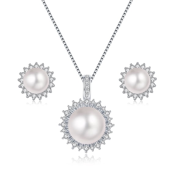 YAMI10-11mm White Pearl Necklace and Earring Set, Sunflower Design, 925 Sterling Silver Cultured Pearl Mother's Day Jewelry Gift for Women