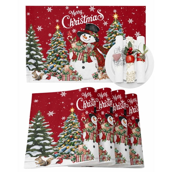 Christmas Placemats Set of 6, Snowman Place Mats Merry Christmas Tree Deer Snowflake Red Placemat Table Decoration for Kitchen Table Dinner Xmas Holiday Party Home Decor Indoor Outdoor 13x19 Inch